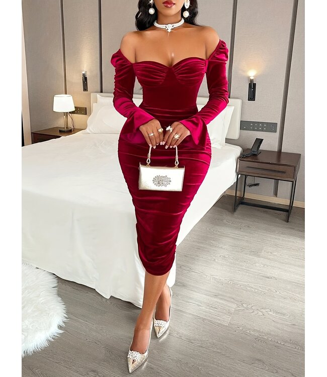 Sexy elegante velvet lang jurk - wijn