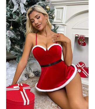 ClassyWear Sexy kerst jurkje lingerie jurk met bont en open achterkant - rood