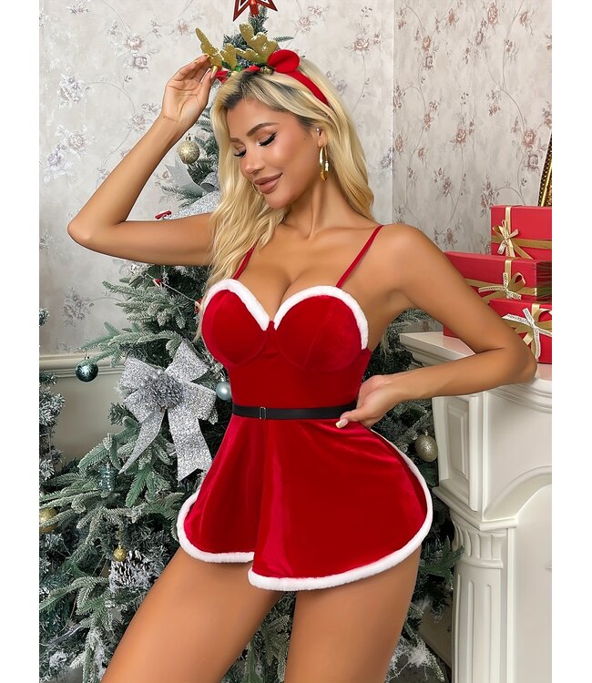 Sexy kerst jurkje lingerie jurk met bont en open achterkant - rood