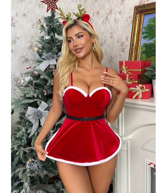 Sexy kerst jurkje lingerie jurk met bont en open achterkant - rood