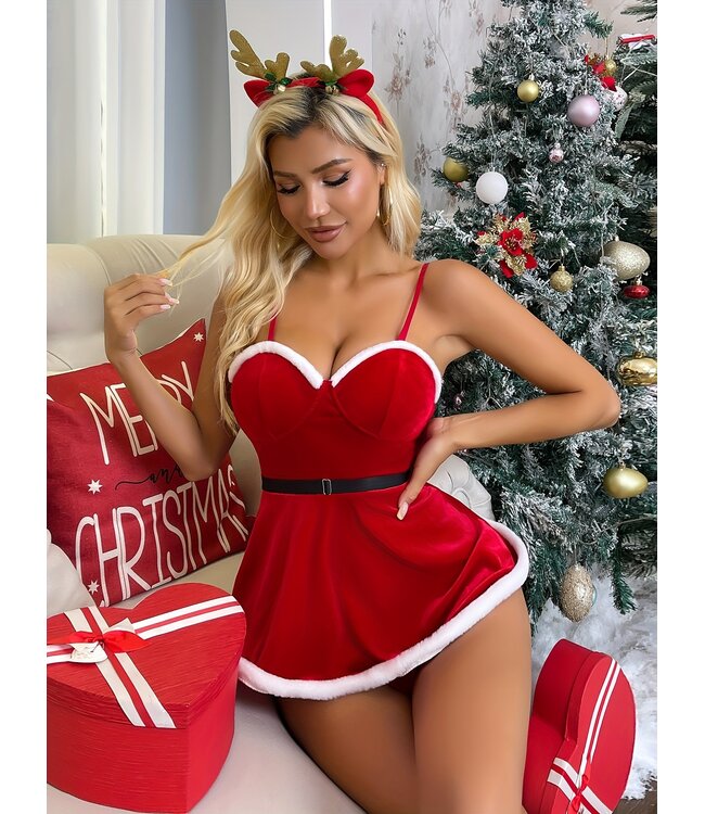 Sexy kerst jurkje lingerie jurk met bont en open achterkant - rood