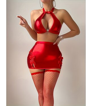 ClassyWear Sexy shiny metallic set/ topje met rokje met strik - rood