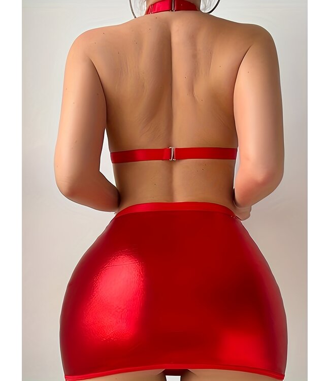 Sexy shiny metallic set/ topje met rokje met strik - rood