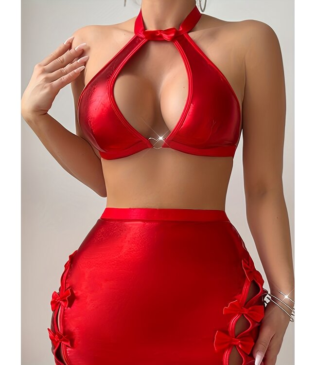 Sexy shiny metallic set/ topje met rokje met strik - rood