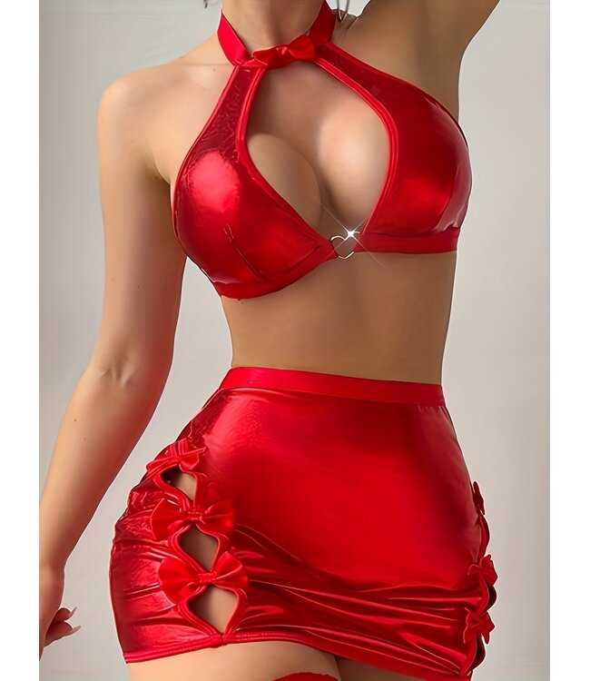 Sexy shiny metallic set/ topje met rokje met strik - rood