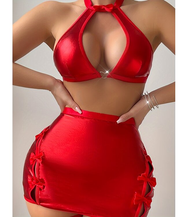 Sexy shiny metallic set/ topje met rokje met strik - rood