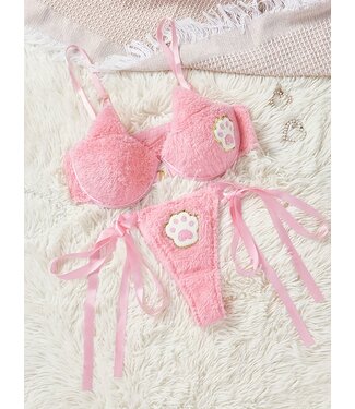 ClassyWear SUPER CUTE! Cozy Fluffy BH + Broekje met print - roze