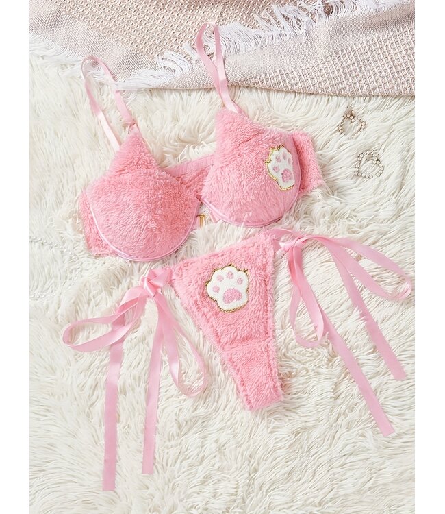 SUPER CUTE! Cozy Fluffy BH + Broekje met print - roze
