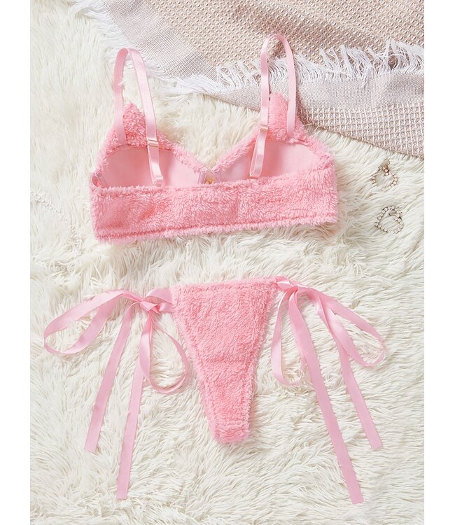SUPER CUTE! Cozy Fluffy BH + Broekje met print - roze