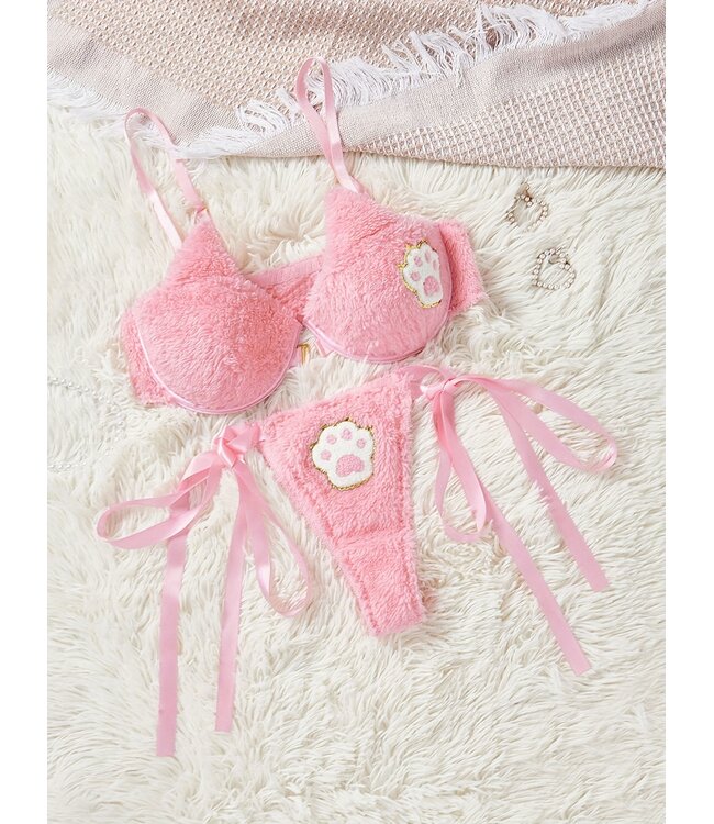 SUPER CUTE! Cozy Fluffy BH + Broekje met print - roze