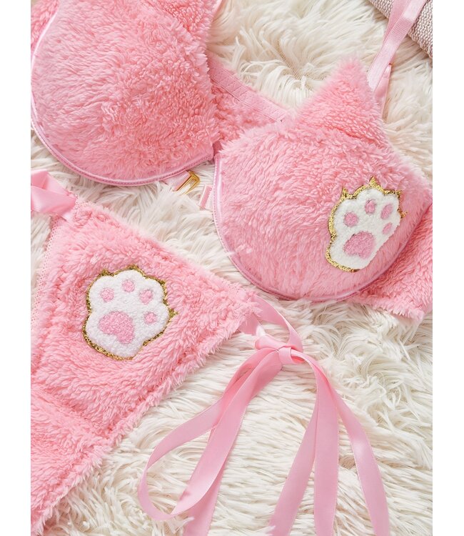 SUPER CUTE! Cozy Fluffy BH + Broekje met print - roze