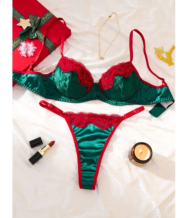 Sexy kerst satijnen lingerie bh setje met kant en velvet - groen/rood
