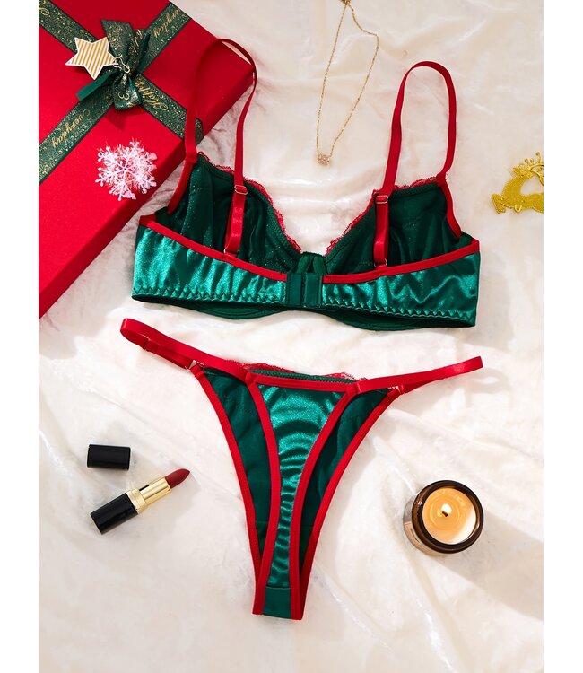 Sexy kerst satijnen lingerie bh setje met kant en velvet - groen/rood