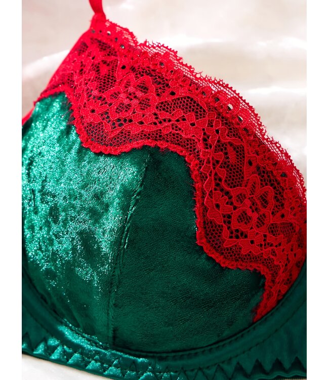Sexy kerst satijnen lingerie bh setje met kant en velvet - groen/rood