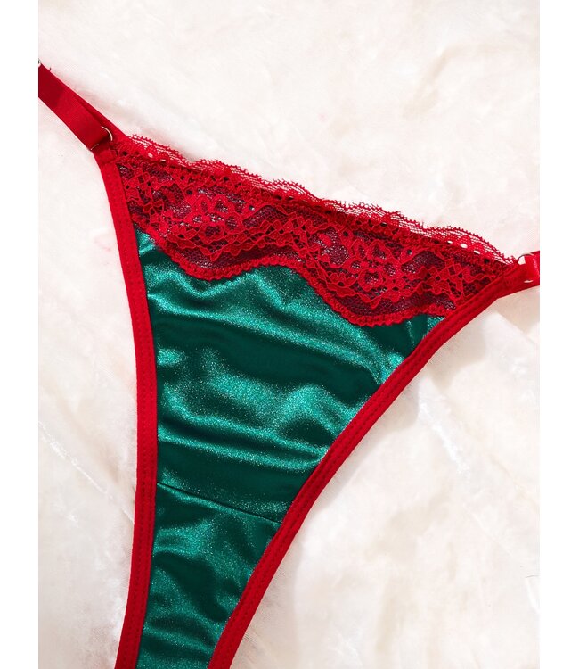 Sexy kerst satijnen lingerie bh setje met kant en velvet - groen/rood