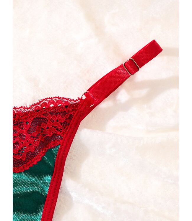 Sexy kerst satijnen lingerie bh setje met kant en velvet - groen/rood