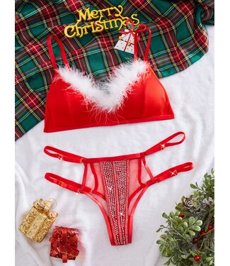 ClassyWear 'Shiny Kerst' lingerie set met bont en strass- rood