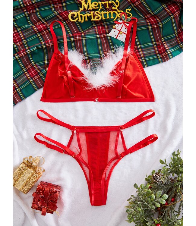 'Shiny Kerst' lingerie set met bont en strass- rood