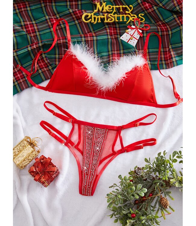 'Shiny Kerst' lingerie set met bont en strass- rood