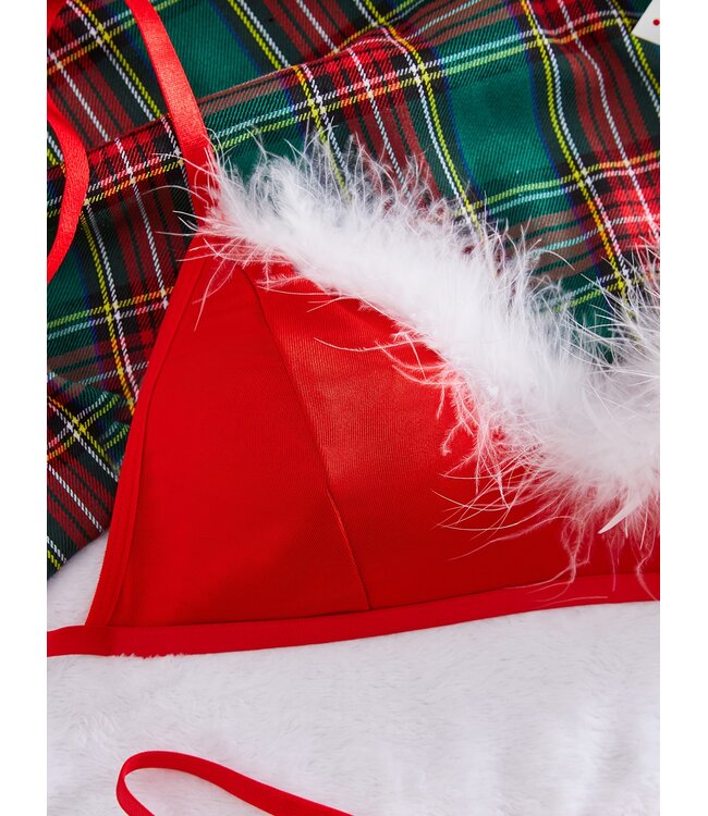 'Shiny Kerst' lingerie set met bont en strass- rood