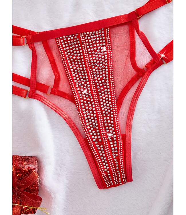 'Shiny Kerst' lingerie set met bont en strass- rood