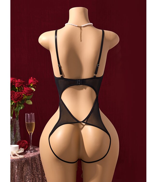 Sexy kanten open kruis en open cup bodysuit lingerie met open achterkant -zwart