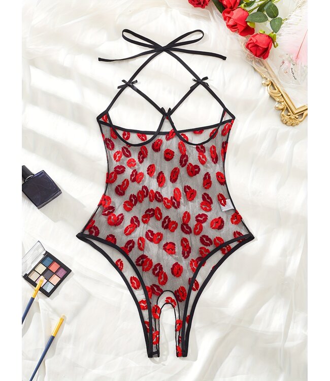 'XOXO' Sexy mesh open kruis bodysuit open cup lingerie met prints - zwart