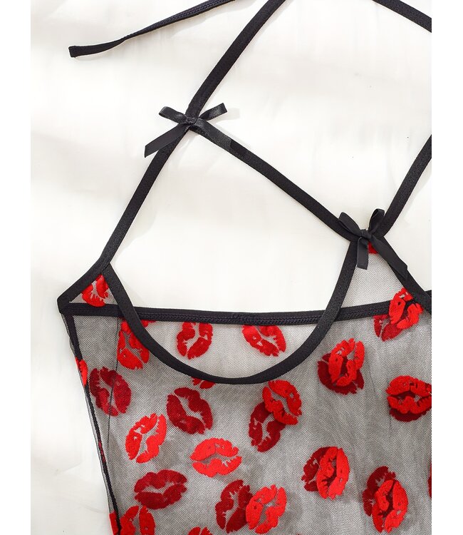 'XOXO' Sexy mesh open kruis bodysuit open cup lingerie met prints - zwart