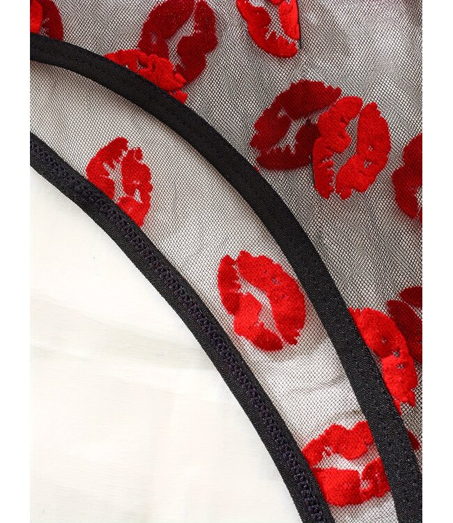 'XOXO' Sexy mesh open kruis bodysuit open cup lingerie met prints - zwart