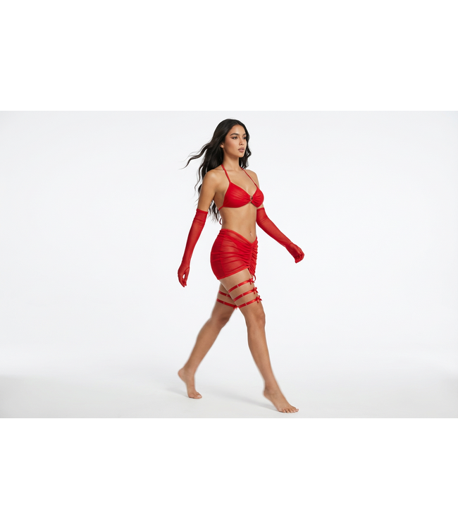 Sexy 5-delige mesh lingerie set met hartje decoratie - rood