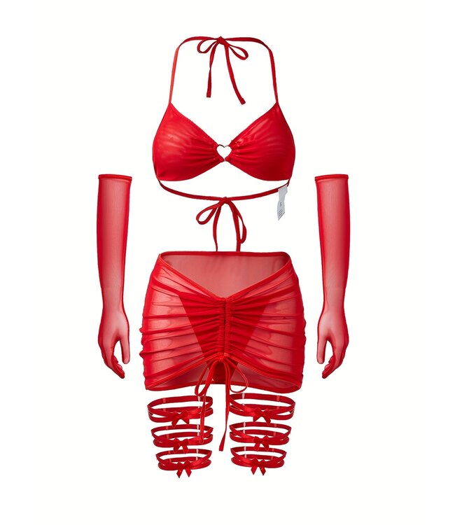 Sexy 5-delige mesh lingerie set met hartje decoratie - rood