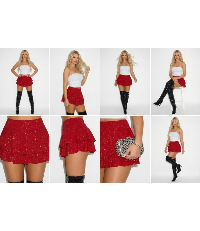 MOST WANTED! Sexy glitter skort met hoge taille - rood