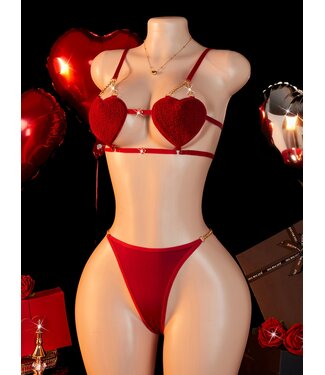 ClassyWear 'Valentijn Heart' Sexy velvet lingerie set met gouden ketting decoratie - rood