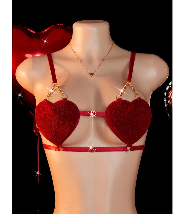 'Valentijn Heart' Sexy velvet lingerie set met gouden ketting decoratie - rood