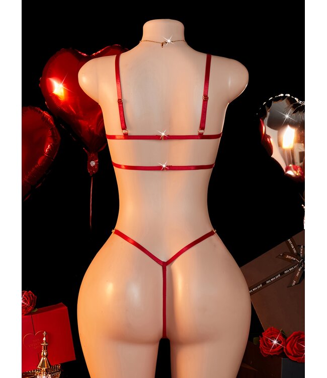 'Valentijn Heart' Sexy velvet lingerie set met gouden ketting decoratie - rood