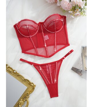ClassyWear Sexy corset lingerie topje met string en glitter - rood