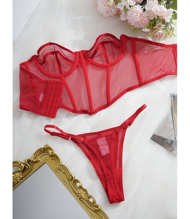 Sexy corset lingerie topje met string en glitter - rood