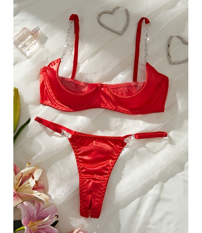 Sexy satijnen open cup bh en open kruis string set - rood