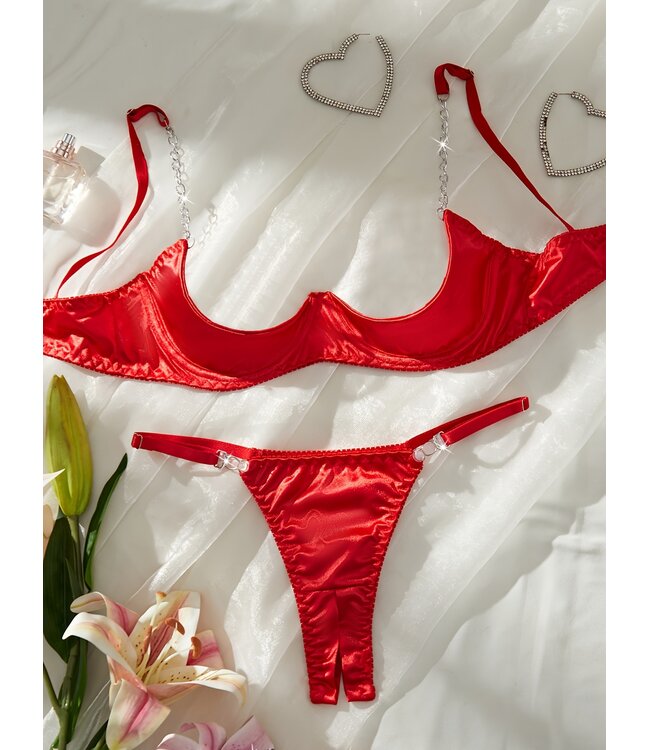 Sexy satijnen open cup bh en open kruis string set - rood