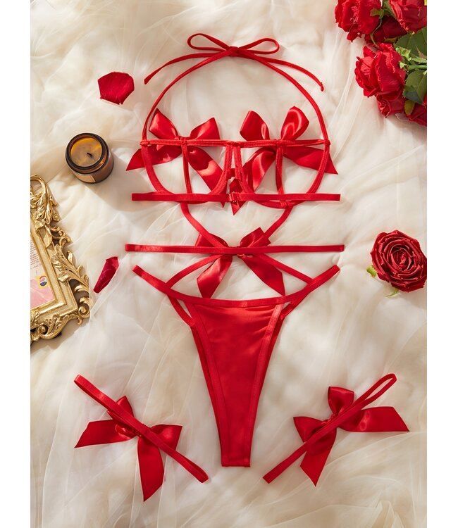 Sexy open cup lingerie 3-delige set met strik - rood