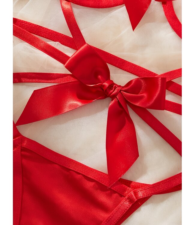 Sexy open cup lingerie 3-delige set met strik - rood