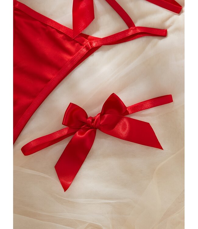 Sexy open cup lingerie 3-delige set met strik - rood