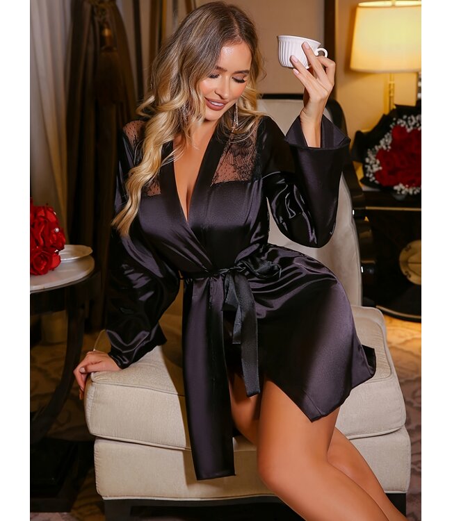 Sexy satijnen kimono nightwear met doorzichtige kanten rug - zwart