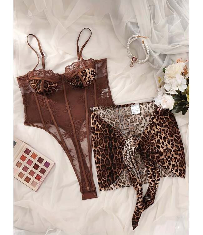 Sexy set! Kanten bodysuit lingerie + sarong met panter prints - bruin/leo