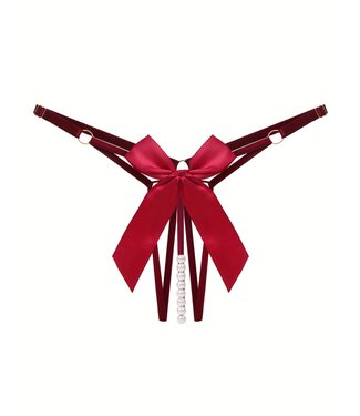 ClassyWear Sexy open kruis string met strik en parel - wijn