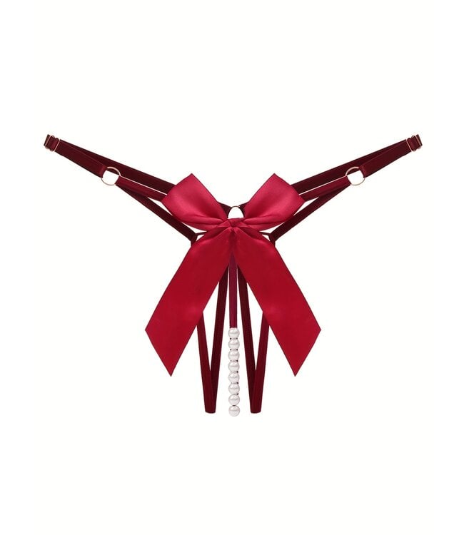 Sexy open kruis string met strik en parel - wijn