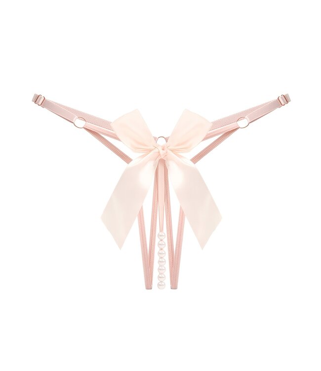 Sexy open kruis string met strik en parel - roze