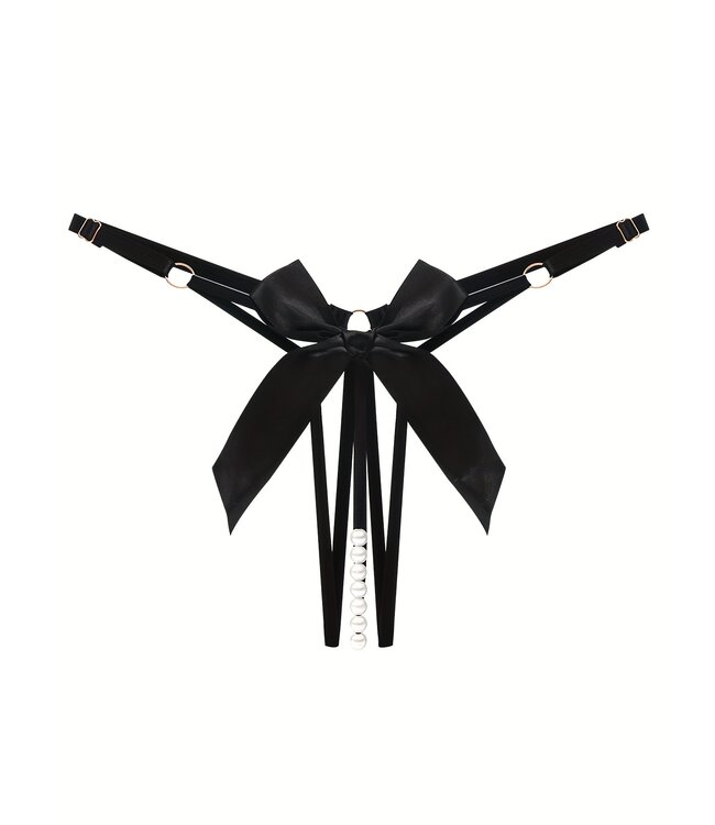 Sexy open kruis string met strik en parel - zwart