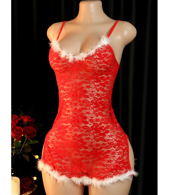 Sexy kerst kanten lingerie jurkje met bont en string - rood