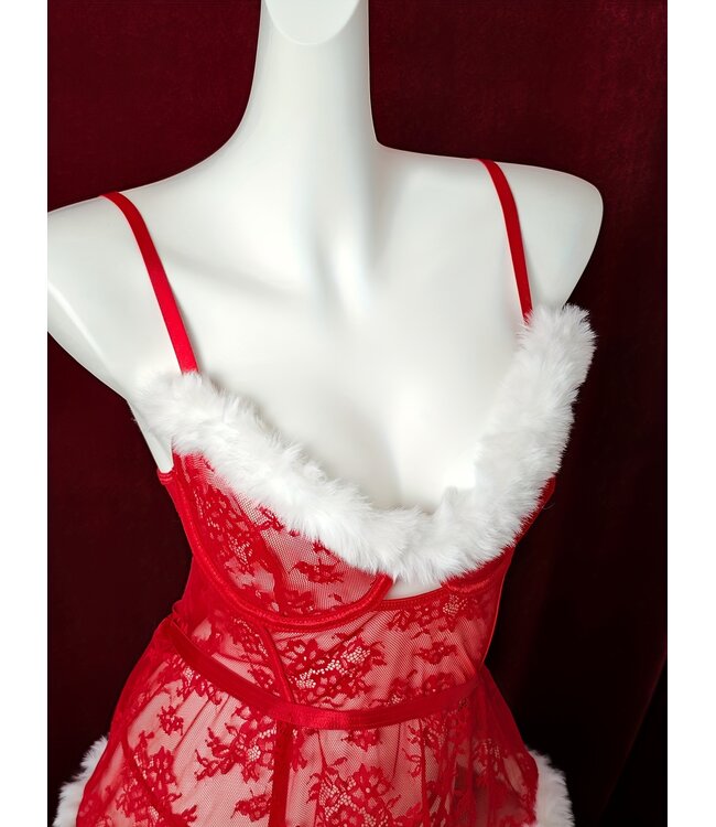 Luxe Sexy kerst lingerie 3-delige set met bont - rood